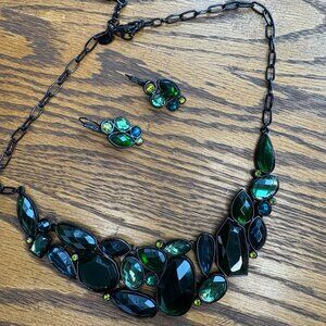 Lia Sophia necklace & pierced earrings; Black chain with black, blue, green